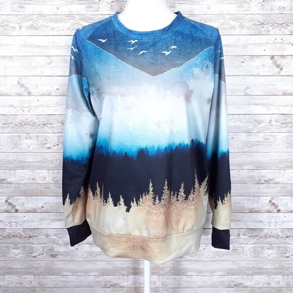 Knoeasy Mountain Scene Top L Navy Gold 423A - Picture 2 of 4